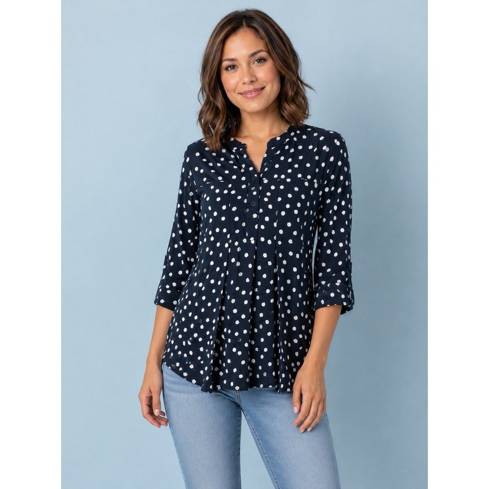 Anthropology Maeve Brand Navy Polka Dot 3/4 Sleeve Pullover Rayon Top Small